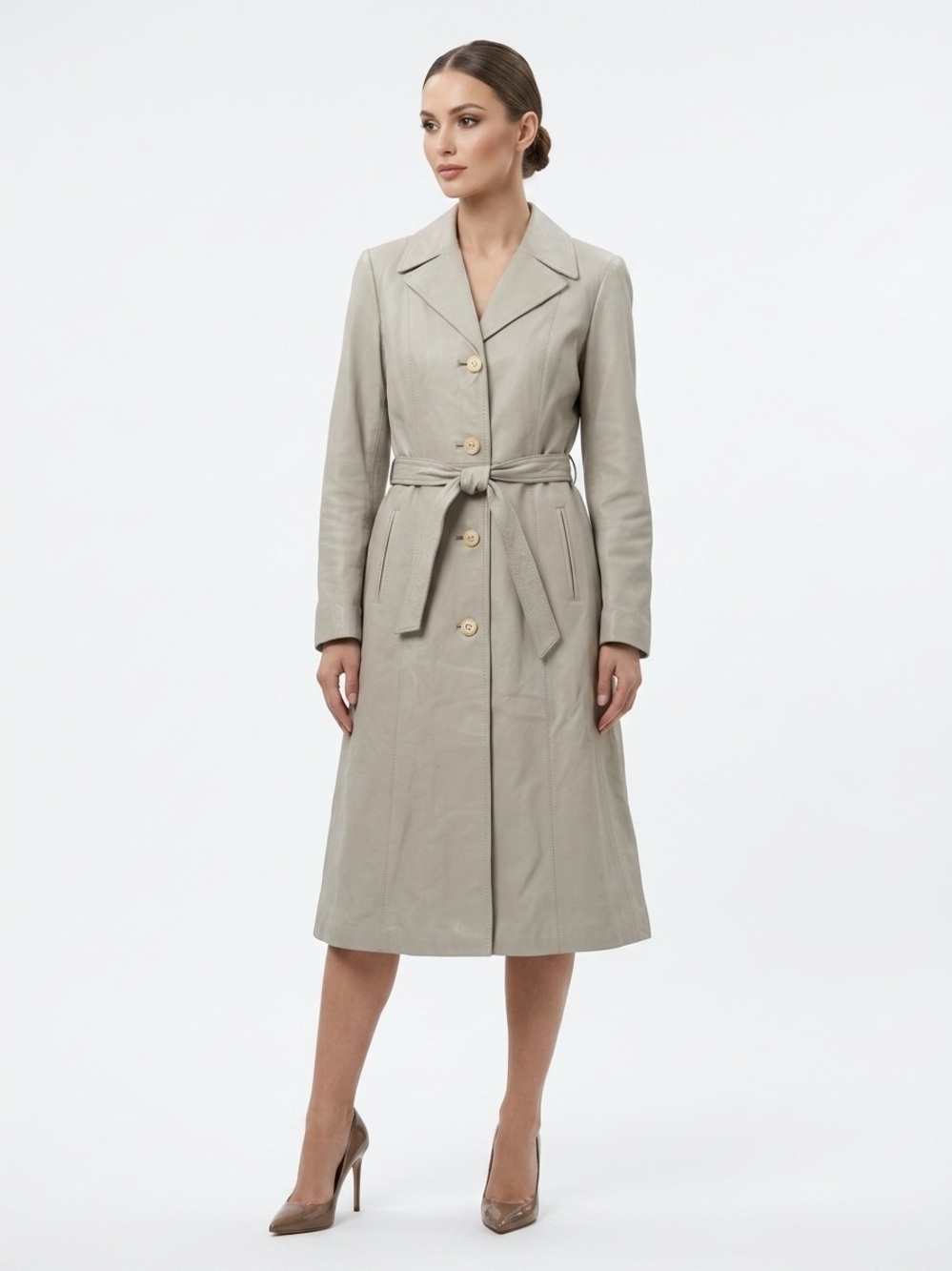 Leda Spain by Gropper Long Leather Trench Coat Belted Beige Size 12
